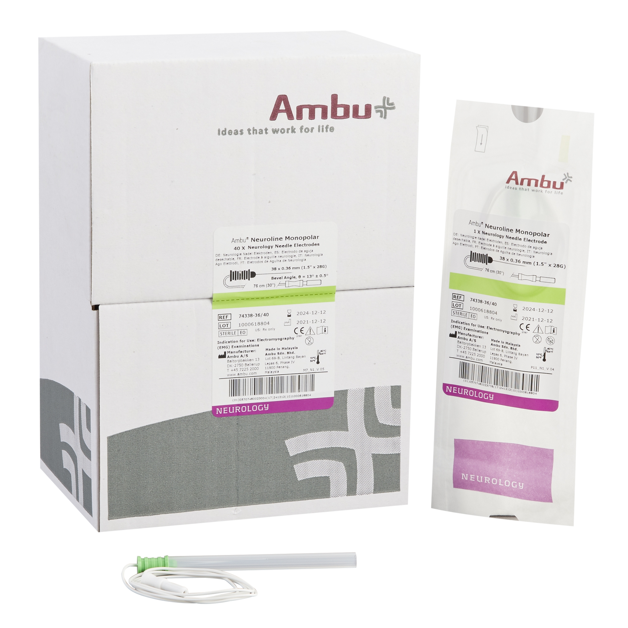 Aguja Monopolar / AMBU Neuroline / 38x0.45mm / 26G / Verde / Caja 40 uds.