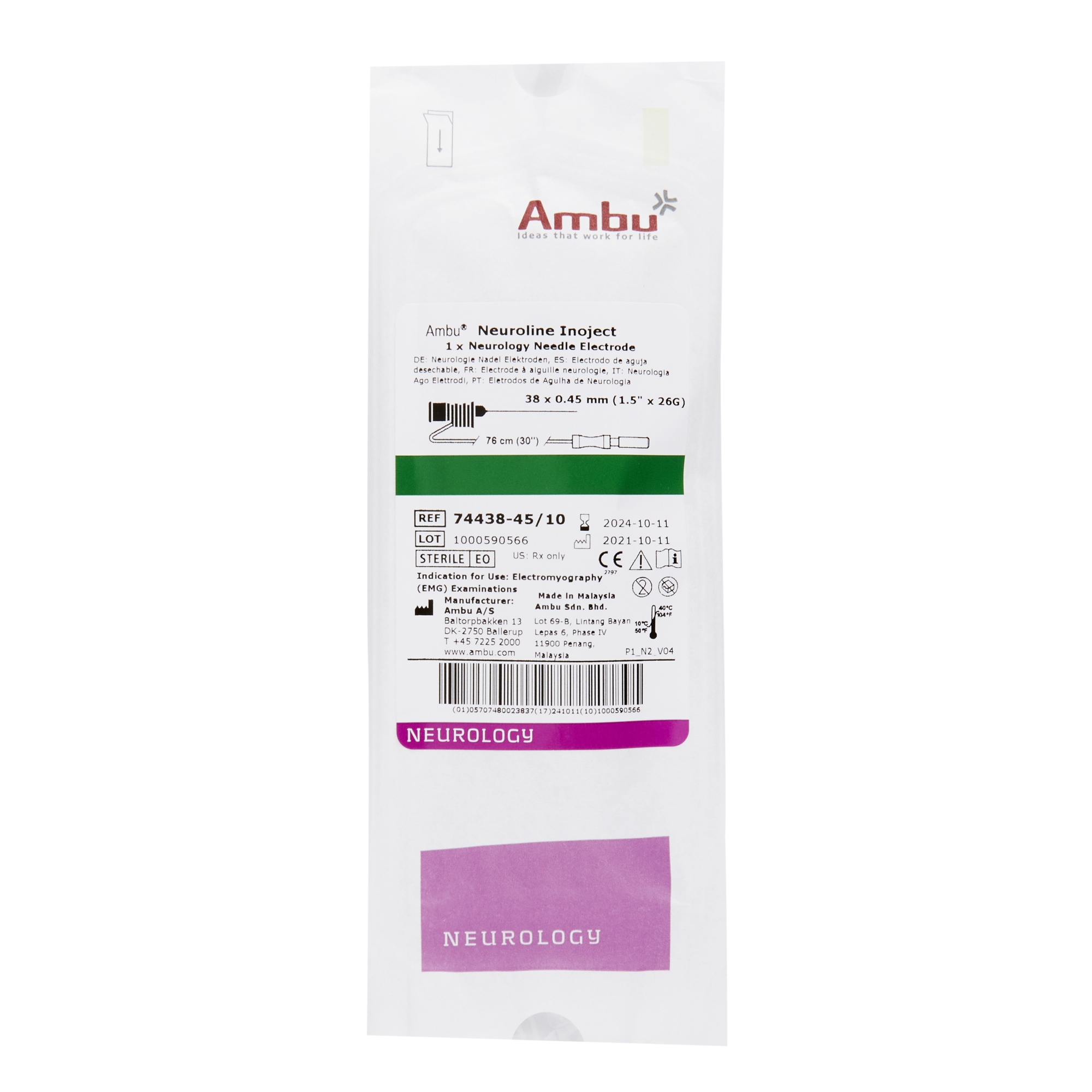 Aguja Inoject / AMBU/ Neuroline/ 50x0.50mm/ 25G/ Amarillo/ Caja 10 uds.